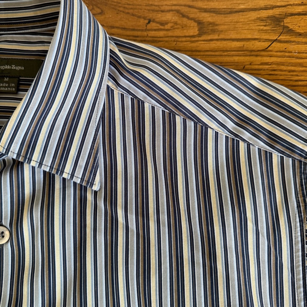 Vtg Ermenegildo Zegna Mens Medium Button Shirt Brown‎ Gray Stripe Long Sleeve